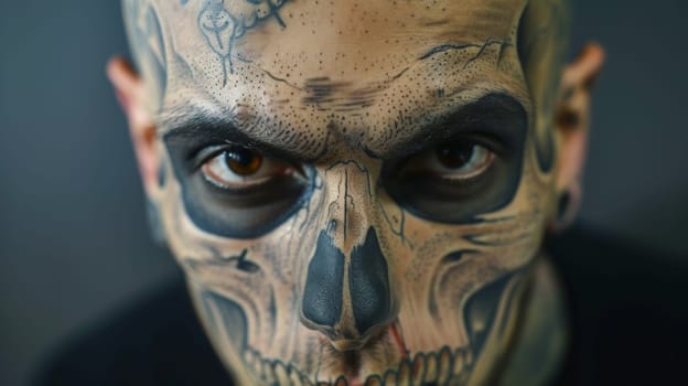 A man with a skull painted on his face and tattoos