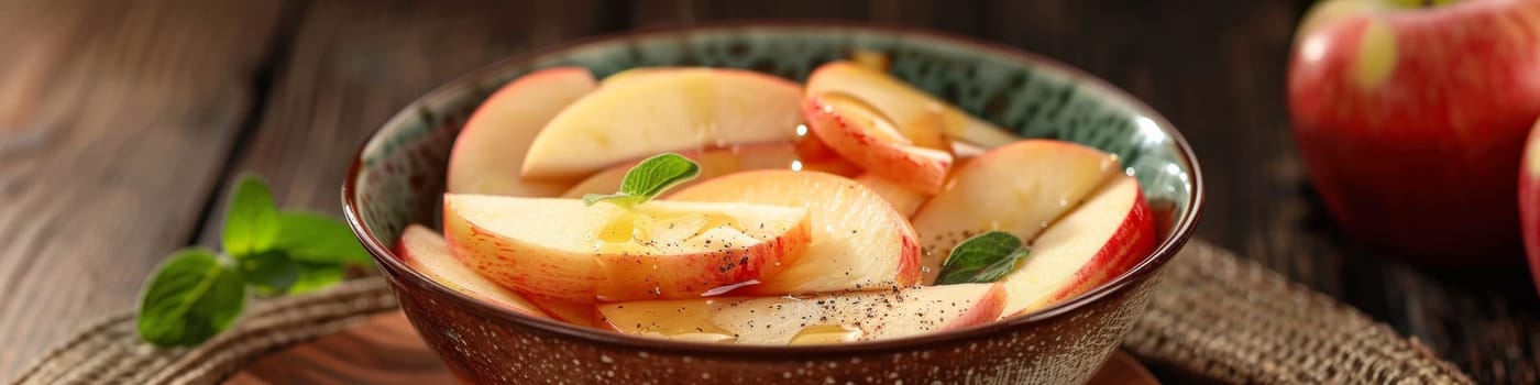 A bowl of sliced apples with mint leaves in it on a table