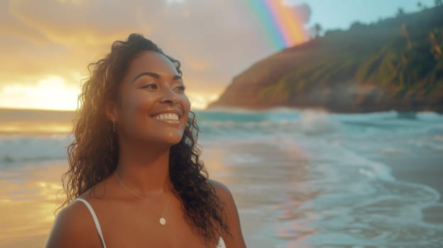 A woman smiling at the camera while standing on a beach