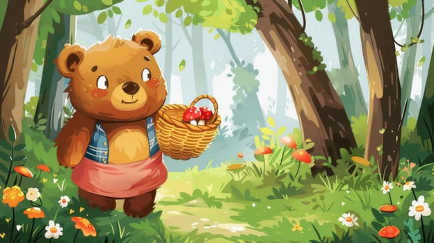 A cartoon bear with a basket of food in the woods