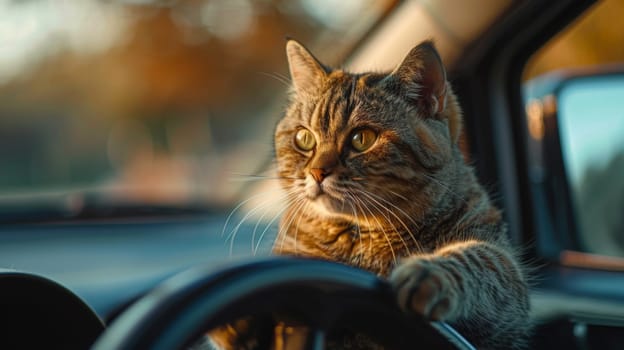 A cat sitting in a car with its paws on the steering wheel