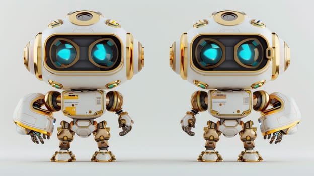 Two robots with blue eyes and gold accents on their bodies
