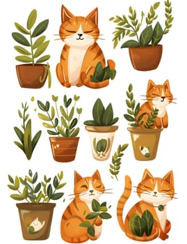 A group of small to mediumsized cats and houseplants in flowerpots are displayed on a white background. The cats, part of the Felidae family, have orange fur and are carnivores