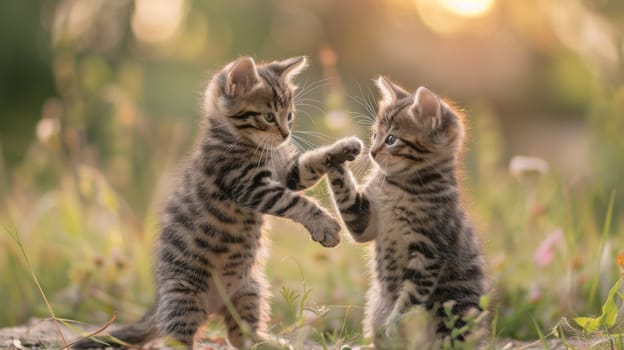 Two kittens playing with each other in the grassy area