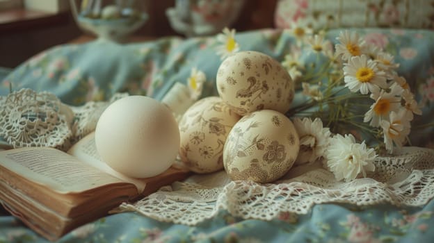 A book, eggs and flowers on a bed with lace