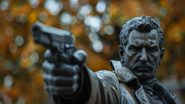 A statue of a man pointing his gun at the camera