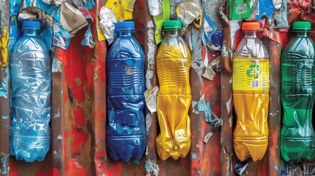 A row of plastic bottles lined up against a wall