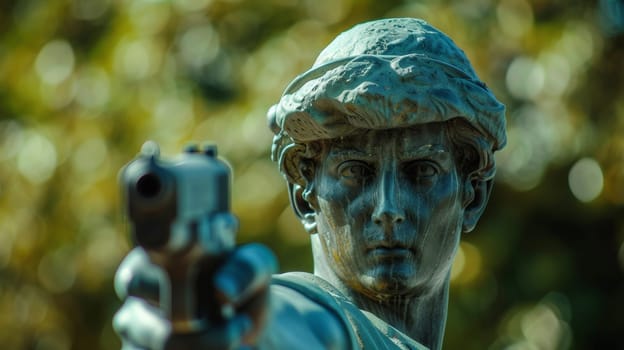A statue of a man holding up his hand with gun in it