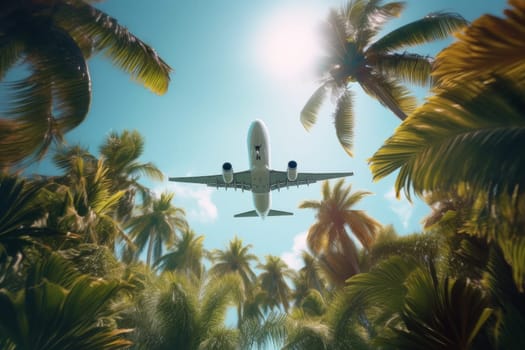 Airplane over tropical palm. Summer paradise. Generate Ai