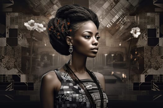 Black woman head. Golden creative woman. Fictional person. Generate Ai
