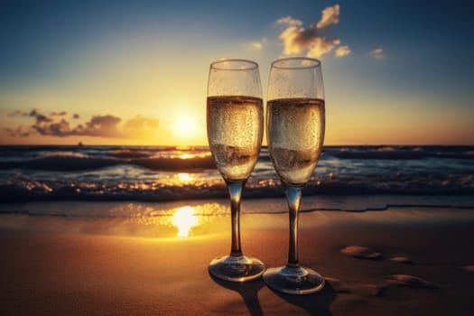 Champagne glasses beach. Celebration drink. Generate Ai