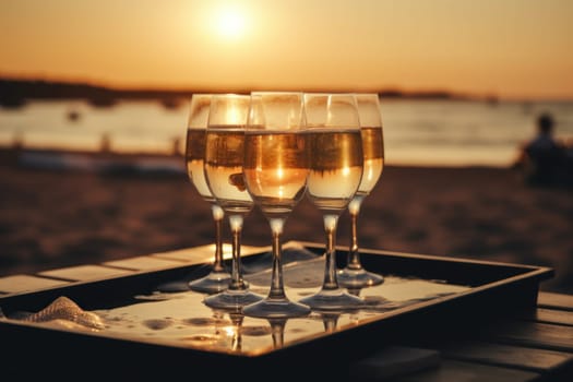 Champagne glasses beach travel. Holiday romantic. Generate Ai