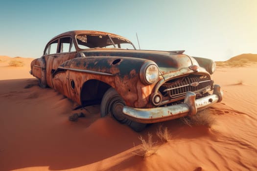 Classic wreck old car. Desert sand. Generate Ai