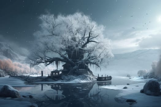 Creative winter landscape tree. Nature scene. Generate Ai