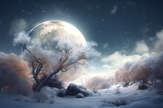 Creative winter landscape tree moon. Sun sky. Generate Ai