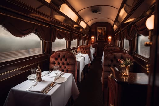 Dining interior train room. Rail inside. Generate Ai