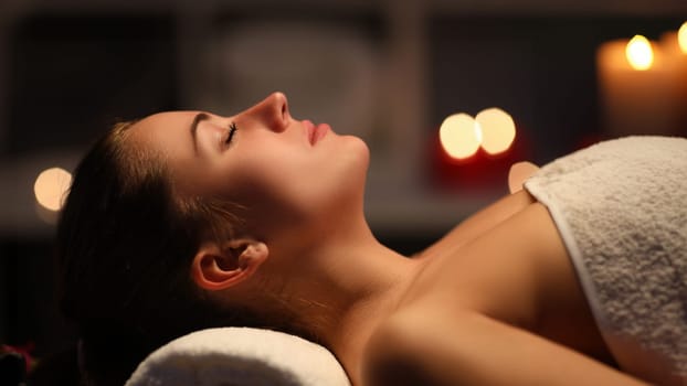 Close-up of wonderful woman relaxing in spa cabinet. Beautiful businesswoman enjoying treatments after working day in salon. Beauty and relaxation concept