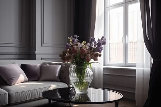 Flowers glamorous interior room. Hotel grey. Generate Ai