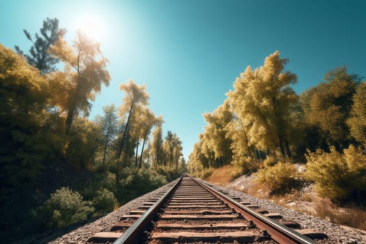 Forest trees railroad. Rail forest sky. Generate Ai