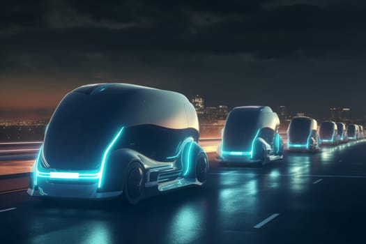 Futuristic neon truck vehicle night. Business transport. Generate Ai