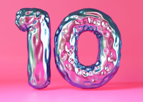 Holographic, shiny number ten on pink, vibrant background. Symbol 10. Tenth birthday party, business anniversary. Festive event. Iridescent color, gradient. Modern, trendy numbers. 3D render