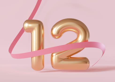 Golden shiny number twelve on pink background with ribbon. Symbol 12. Invitation for a twelfth birthday party or business anniversary. 3D Render