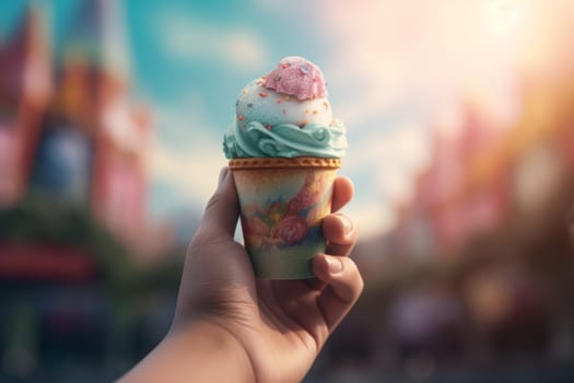 Holding ice cream cup. Cold color food. Generate Ai