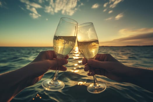 Hands holding champagne sea beach. Summer travel. Generate Ai