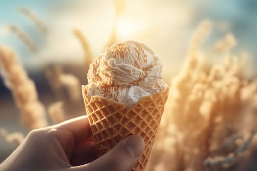 Holding ice cream. Summer food. Generate Ai