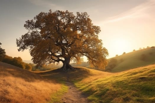 Landscape oak tree sunset. Sunny hill. Generate Ai