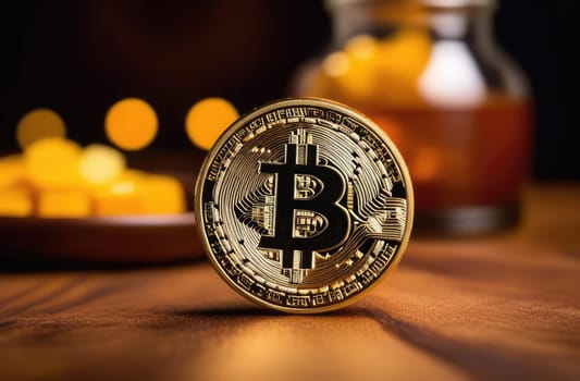 Golden shiny bitcoin coins close-up on a wooden table. Dark background. Payment system concept. Bokeh.