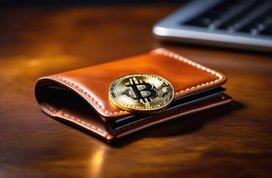 Concept. A bitcoin gold coin lies on a wallet on a wooden table. Expensive cryptocurrency, mining. Close-up.