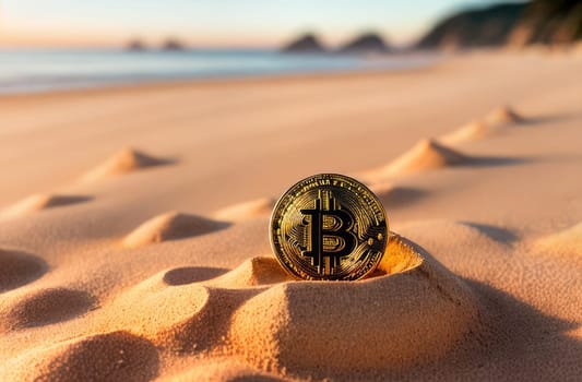 Concept. Bitcoin gold coins lie on yellow sand, against the backdrop of the ocean. Expensive cryptocurrency, mining. Close-up.