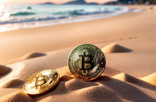 Concept. Bitcoin gold coins lie on yellow sand, against the backdrop of the ocean. Expensive cryptocurrency, mining. Close-up.