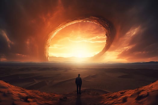 Desert spiral hole cinematic. Sunset sky. Generate Ai