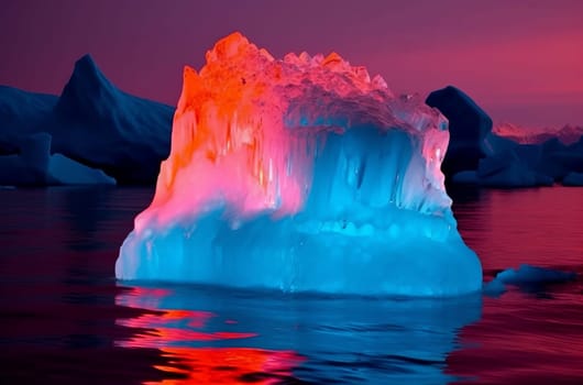Iceberg neon color sky. Travel sea. Generate Ai