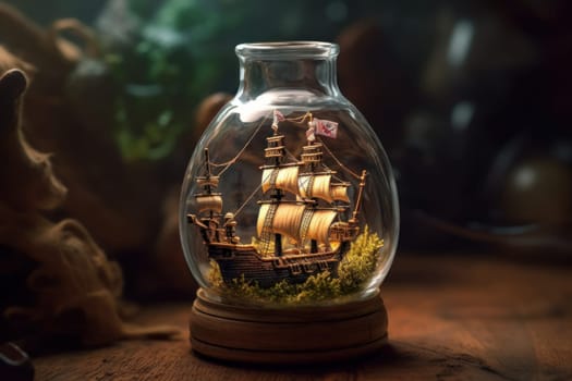 Miniature ship bottle. Travel holiday. Generate Ai