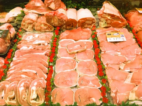 Showcase with raw meat in butcher shop, Veal, Supermarket, High quality photo