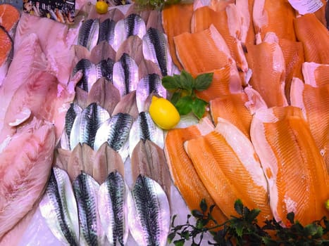 FRANCE, BORDEAUX, February, 9, 2024: Assortment of fresh daily fish on ice market in supermarket, High quality photo