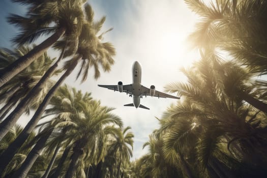 Passenger airplane tropical palm. Summer travel. Generate Ai