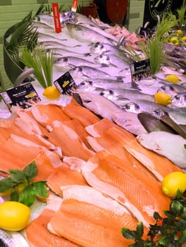 FRANCE, BORDEAUX, February, 9, 2024: Assortment of fresh daily fish on ice market in supermarket, High quality photo