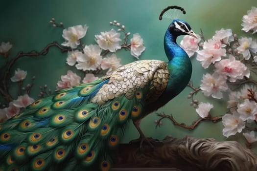 Peacock oriental flowers decor. Traditional summer. Generate Ai