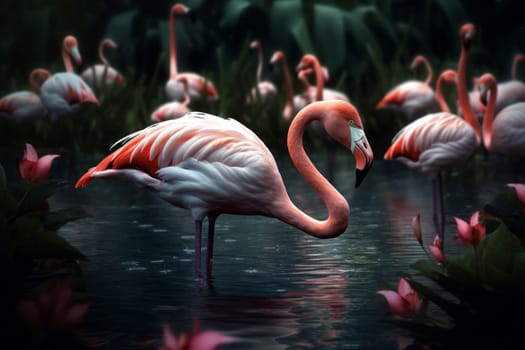Pink flamingo. Nature bird summer. Generate Ai