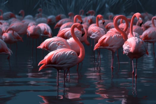 Pink flamingo group. Lake animal. Generate Ai
