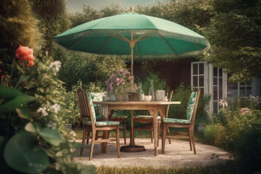 Table chairs umbrella. Vacation outdoor. Generate Ai