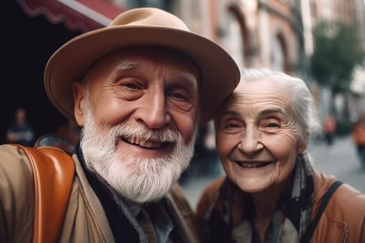 Old couple selfie. Mature person. Fictional person. Generate Ai