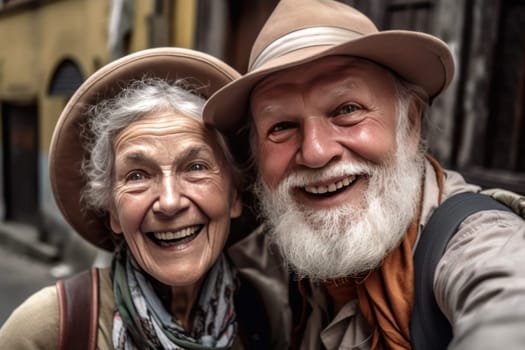 Old couple selfie smiling. Camera senior. Fictional person. Generate Ai