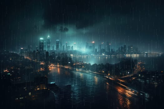 Urban night rain city. Storm weather. Generate Ai