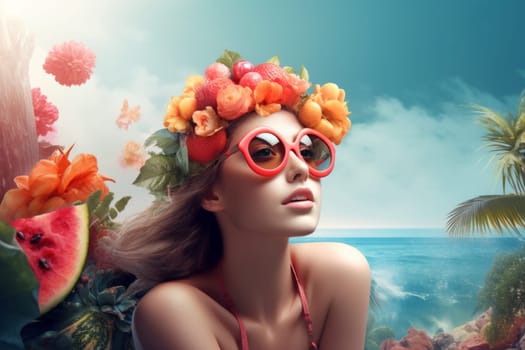 Woman summer beach crown. Hair style. Fictional person. Generate Ai