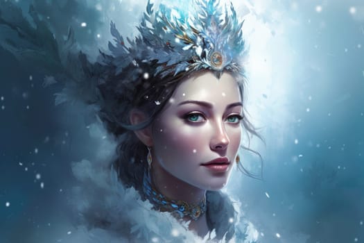 Winter woman queen eyes. Make nature skin. Fictional person. Generate Ai